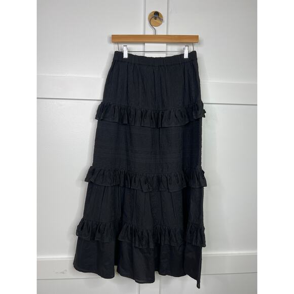 NEW Figue Elastic Waist Ruffle Tiered Eyelet Black Midi Skirt Size: Small - Picture 6 of 7